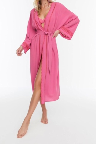 Ersefa Moda Dokuma Regular Kalıp Uzun V Yaka Standart Kol Crinkle Basic Pembe