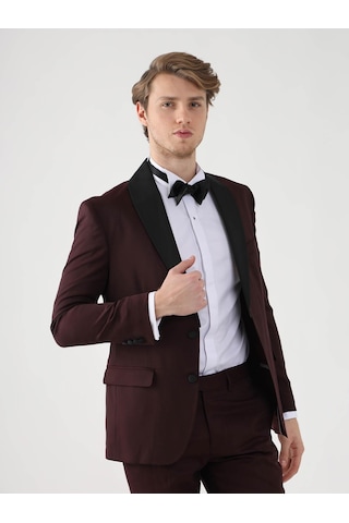 Dufy Bordo Erkek Slim Fit Düz Sivri Yaka Smokin Takım - 92433-bordo Bordo