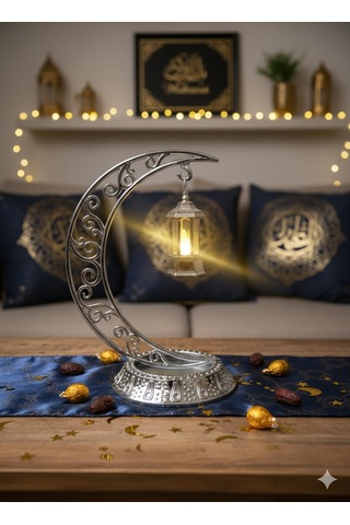 Dekoratif 28 Cm Hilal Parlak Gümüş Ramazan Led Lamba 10 Cm Kancalı Set Diğer