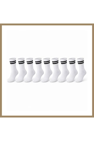 Kahveci.store Unisex Beyaz Çorap Siyah Çizgili 9'lu Set Uzun Soket Günlük Spor Kolej Stil Kadın Erkek Çorabı 22