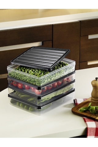 Mikrodalga Ve Difrizde Kullanılabilen Saklama Kabı Seti 4 Lu Antrasit S-404 Şeffaf