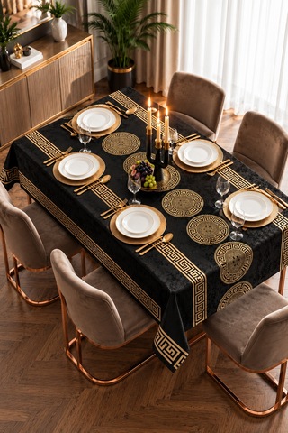 Siyah Gold Desenli Masa Örtüsü Leke Tutmaz Sıvı Geçirmez Şık Dikdörtgen Yemek Masası Örtüsü Gold - Siyah