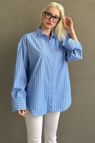 Madmext Mavi Çizgili Regular Kesim Kadın Gömlek Mg2610 Mavi