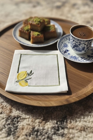 Rivaistanbul Limon Nakışlı 4'lü Sunumluk Peçete, Kokteyl Peçetesi, Kahve Yanı Sunumluk, Bardak Altlığı Sarı