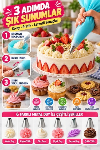 8 Parça Silikon Krema Sıkma Torbası Seti 6 Metal Duy Başlıklı Pasta Kek Cupcake Süsleme Aparatı Seti Çok Renkli