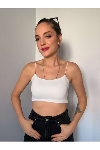 Ali Butik Beyaz İp Askılı Crop Atlet Beyaz