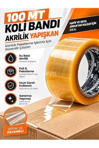 100 Metre Koli Bandı 6'lı Paket Akrilik Yapışkanlı Şeffaf Paketleme Ve Kutu Bandı 6 Adet