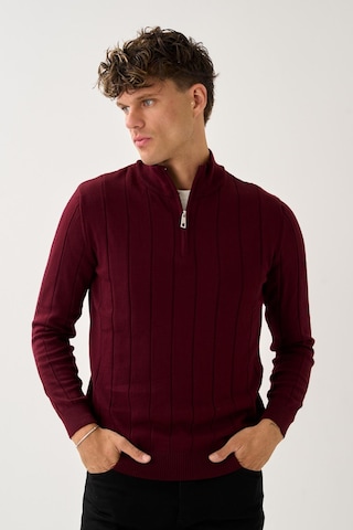 Dikey Dokuma Desenli Fermuarlı Triko Kazak Bordo