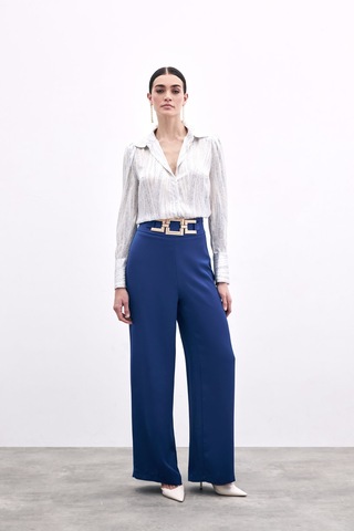 Sateen Bel Kemerli Saten Krep Pantolon - Lacivert-135973 Lacivert