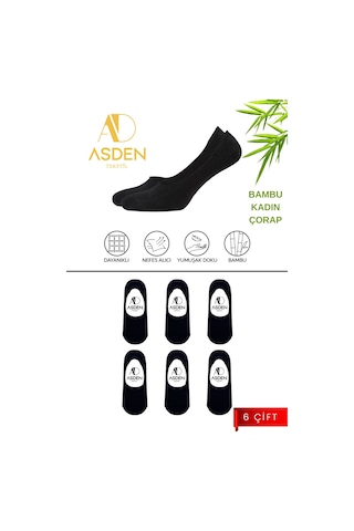 Asden Bambu Kadın Babet Siyah 6'lı Paket, Dikişsiz, Kaydırmaz Silikonlu Topuk 6 Çift Siyah