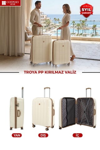 Cotpoly Home Troya Pp Polipropilen Kırılmaz Kabin Boy Valiz 360 Döner Sessiz Tekerlekli Krem