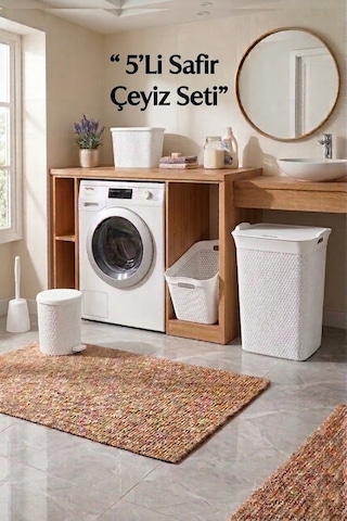 5'li Safir Çamaşır Sepeti Seti Örgü Desenli Beyaz