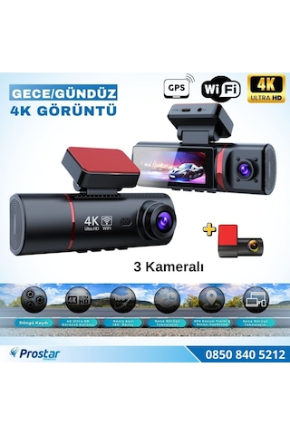 4k Ultra Hd 3 Kameralı Ön, İç Ve Arka Wifi Gps G-sensör Park Modu Dashcam Kamera
