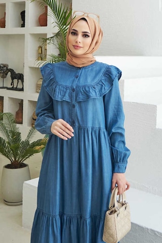 Neways 6594 - Fırfırlı Liyosel Elbise Koyu Mavi