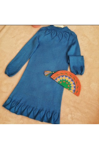 Saks Mavisi Triko Elbise , Örgü Yaprak Desenli Midi Elbise Saks