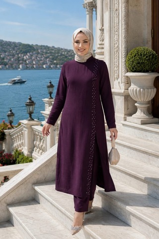 Hb Harma Time Butik Kadın İnci İşlemeli Bordo Tunik-pantolon İkili Takım