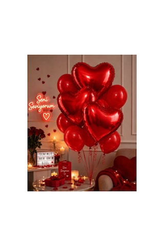 Romantik Kırmızı Kalp Folyo Balon Seti - Sevgililer Günü Ve Evlilik Teklifi Süsleme Konsepti- 3 Adet Kalp Folyo 7 Adet Kırmızı Balon