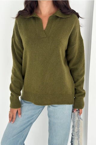 Femelle Haki Kadın Polo Yaka Oversize Triko Kazak - Standart Beden Yumuşak Dokulu - 8551