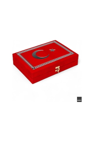 Furkan Hediyelik Türk Bayraklı Kutulu Ay Yıldızlı Kadife Kuranı Kerim Seti
