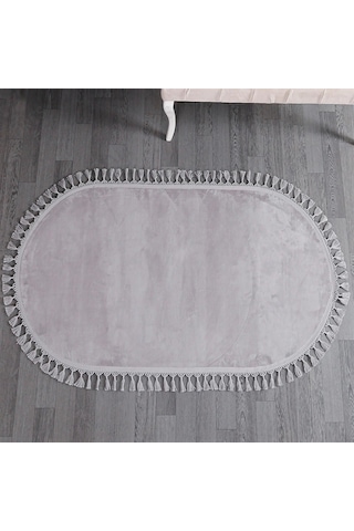 Açık Gri Fluffy Düğüm Saçaklı Oval Post Peluş Halı Kaymaz Taban