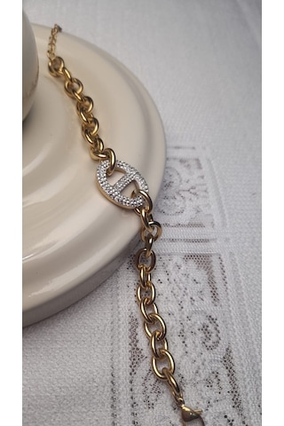 Uzel Çelik Gold Altın Renk Taşlı, Kalın Halka Detaylı Çelik Bileklik Gold