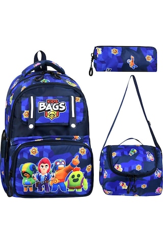 İlkokul Çantası Kids Bag 3'lü Set 42 30 Cm Beslenme Çantası Kalem Kutusu Ortopedik Erkek Çocuk Lacivert