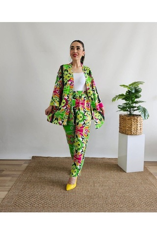 İpli Yeşil Renk Etnik Desenli Viskon Kumaş Kimono Takım Yeşil