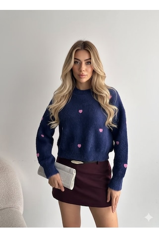 Ribana Classic Kadın Uzun Kollu Pembe Kalp Detaylı Standart Beden Triko Yumoş Kazak 4603 Lacivert