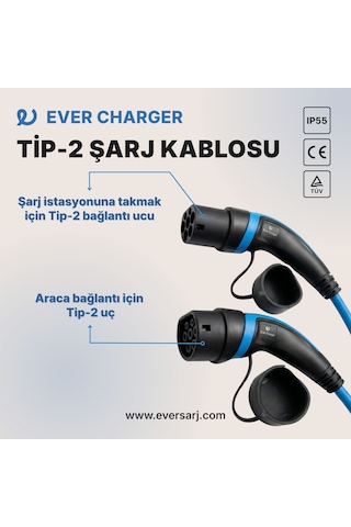 Ever Charger Tip 2 Elektrikli Araç Şarj Kablosu 22 kW – 15 M Mavi