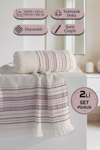 Retro %100 Pamuk 2 Li Havlu Takımı - 50x90, 70x140 Mor