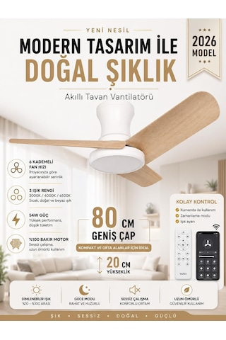 80 Cm Akıllı Tavan Vantilatörü Led Aydınlatmalı / Kumandalı & Telefon Kontrollü, 6 Hız, 3 Işık Rengi, Yaz/kı Çok Renkli 95449538