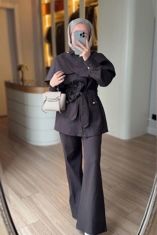 Ka Hijab Pelerinli Kot Takım - Kahverengi