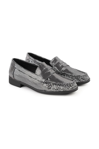 Mamma Mia Kadın Loafer Günlük Simli Metalik Slip-on Klasik Anne Ayakkabısı 26y-7365 Siyah