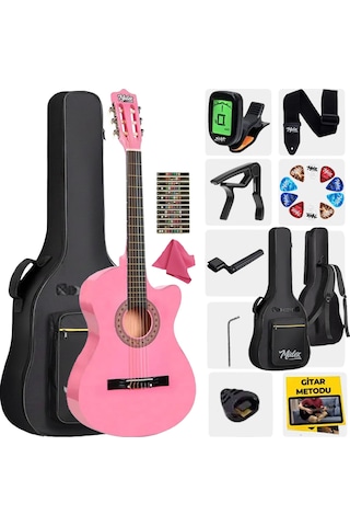 Midex Cg-390pk-xbag Pembe Renk Klasik Gitar 4/4 Sap Ayarlı Kesik Kasa Çanta Tuner Askı Capo Metod Pena