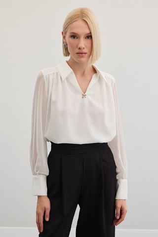 Sateen Aksesuarlı Salaş Bluz - Ekru-136472 Ekru