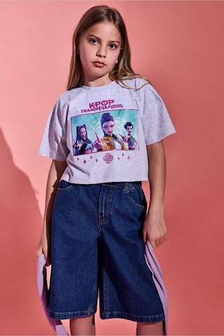 Defacto Kpop - Demon Hunters Cropped Fıt Bisiklet Yaka Kısa Kollu Tişört Kız Çocuk H9478a826hsgr421 Gri-gr421