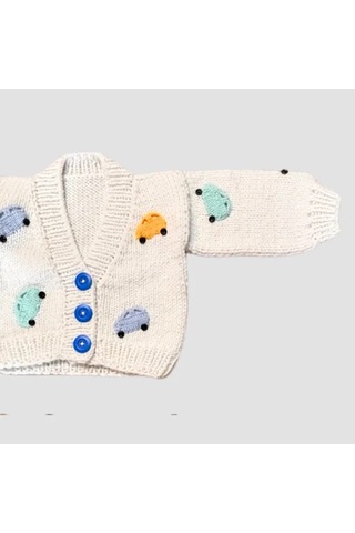 Uretti - Gülnur 2184 - El Örgüsü Araba Motifli Erkek Çocuk Hırka 3 Yaş - Beyaz Beyaz