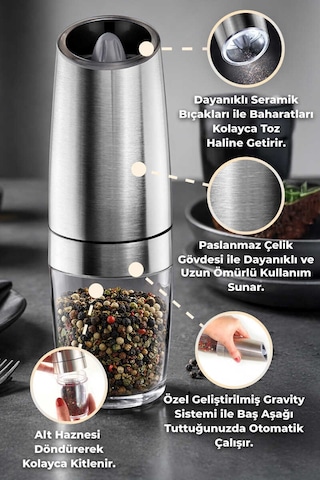 Primanova Gadget Gravity Paslanmaz Çelik Otomatik Tuz & Karabiber Öğütücü Pilli