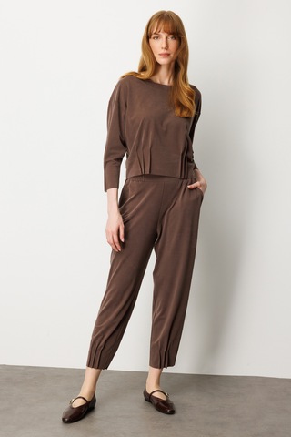 On Kadın Pile Detaylı Sıfır Yaka Bluz 64408 Kahverengi Kahverengi