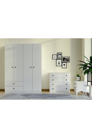 Tocco 1048 Buse 4 Kapaklı 2 Çekmeceli Gardırop Şifonyer Komidin Takımı-beyaz