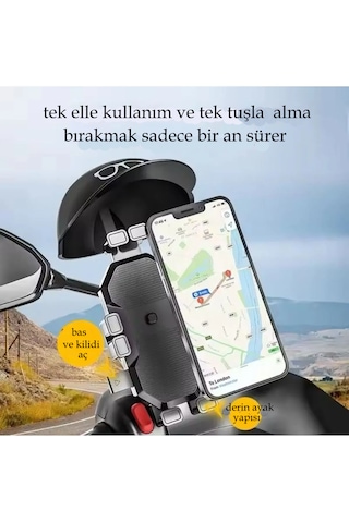 Otomatik Tuşlu Şapkalı Motorsiklet Bisiklet Telefon Tutacağı Ayna Siyah