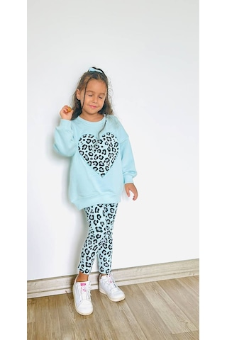Kız Çocuk Çiçek - Leopar Detaylı 3 İplik Alt Üst Takım Sweatshirt + Tayt Mint
