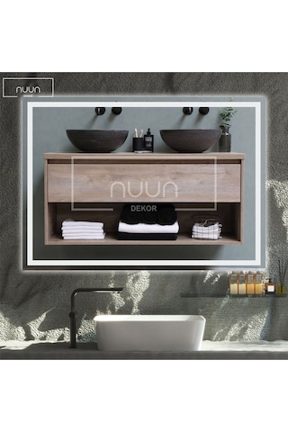 Nuun Dekor 80x60cm Beyaz Ledli Dekoratif Banyo Aynası Kumlamalı Duvar Aynası Trafolu Beyaz