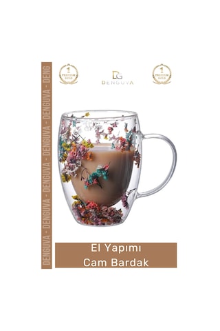 Cambardak Çift Camlı Kurutulmuş Çiçekli Borosilikat Şık Estetik Zarif Cam Handmade Bardak 250ml Çok Renkli