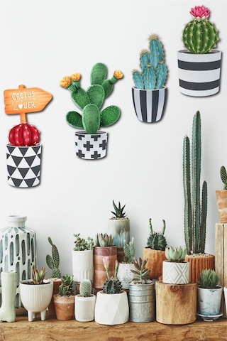No77Decor Ahşap Kaktüs Duvar Dekorasyon Seti 4 Parça