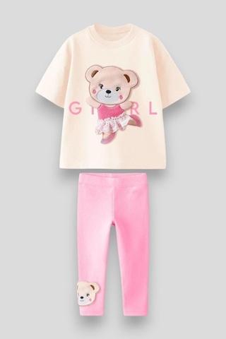 Lolliboomkids Kız Çocuk Sevimli Balerin Pembe Ayıcık T-shirt Ve Tayt Takım 3d Kabartma Aplike Nakış Baskılı Çok Renkli