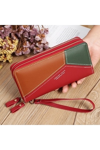Çift Fermuarlı Bayan Uzun Çanta Ekleme Bozuk Para Çantası Kırmızı Kırmızı