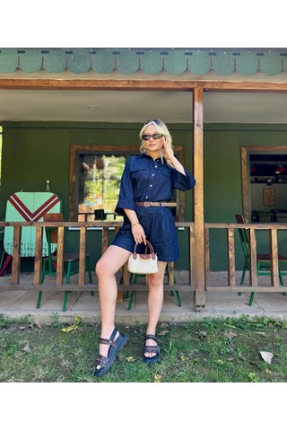 Keymoda Kadın Denim Gömlek Şort Takım Lacivert Lacivert