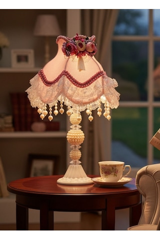 Pudra Pembe Kadife Erengül Çiçek Ve Dantel Süsleme Dekor Vintage Abajur 50x30cm Pembe
