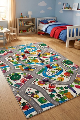 Raschel Carpet Premium Antialerjik Yıkanabilir Kalın Trafik Desenli Yumuşak Kaymaz Taban Halı Mavi